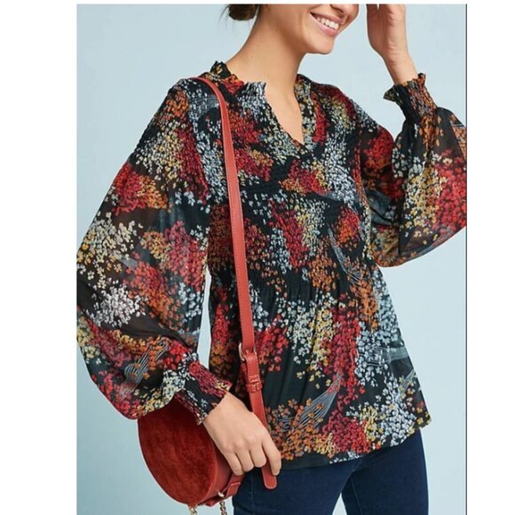 Anthropologie Floral Blouse Womens XS V-Neck Smocked Long Sleeve Relaxed Tunic - Picture 10 of 15
